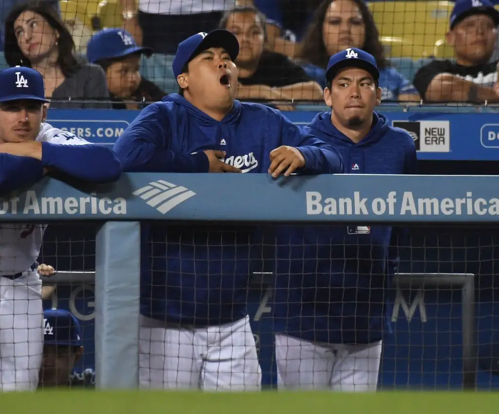 The starting lineup is posted in the Los Angeles Dodgers dugout