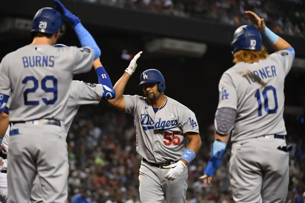 Los Angeles Dodgers first basemen Albert Pujols (55) celebrates a