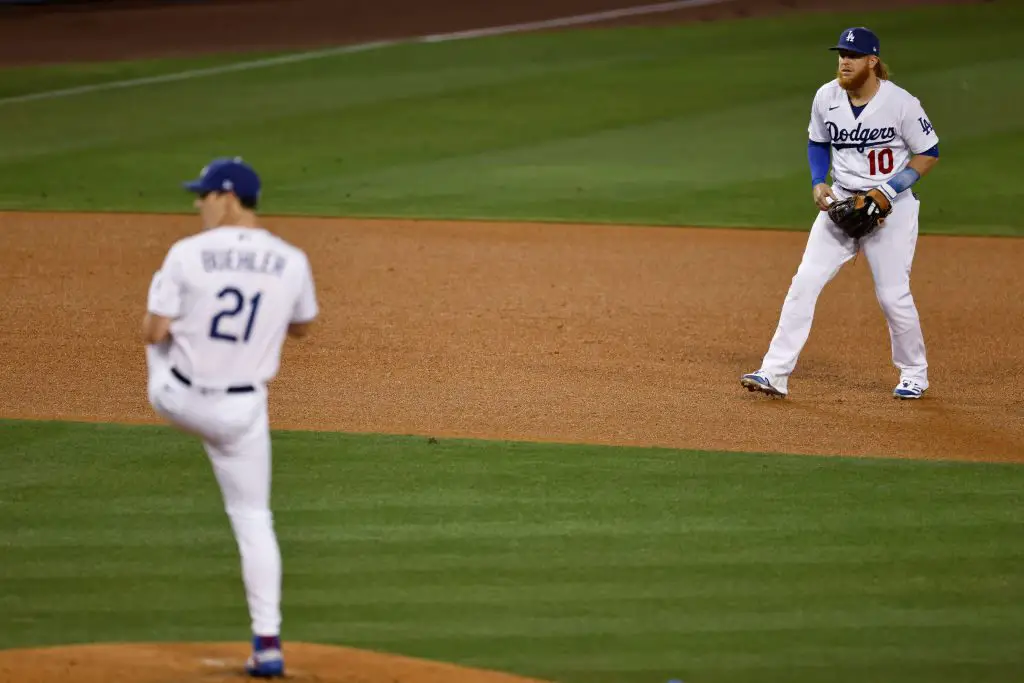 Los Angeles Dodgers' Justin Turner (21) stands at first base