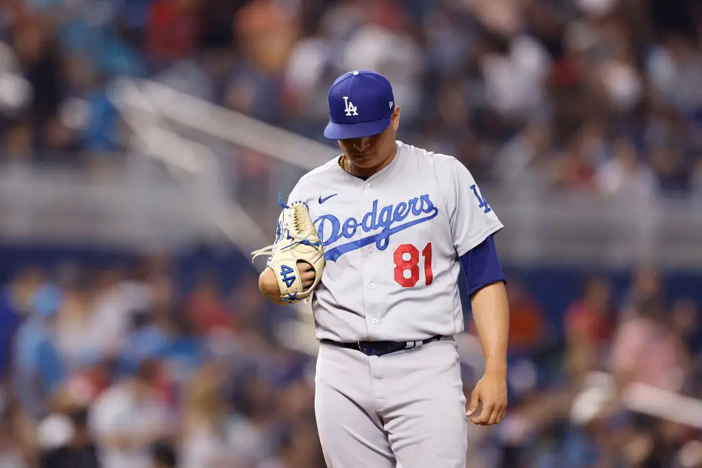 Victor Gonzalez of the Los Angeles Dodgers reacts to a Donovan