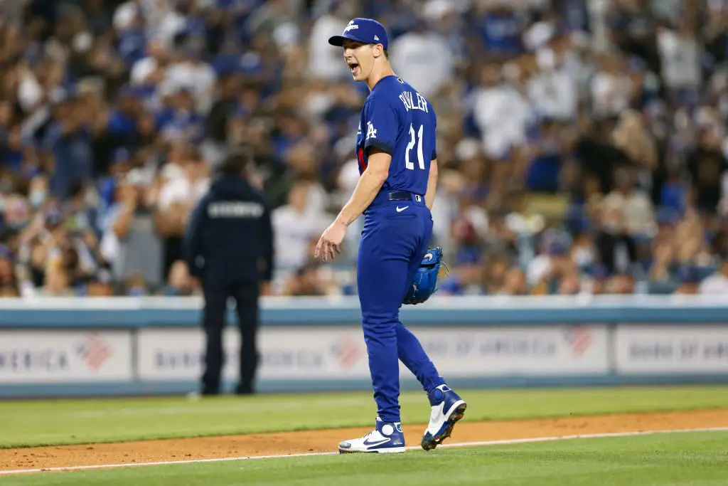 LOS ANGELES, CA - AUGUST 20: Los Angeles Dodgers pitcher Walker Buehler  (21) looks on during the MLB game between the New York Mets and the Los  Angeles Dodgers on August 20