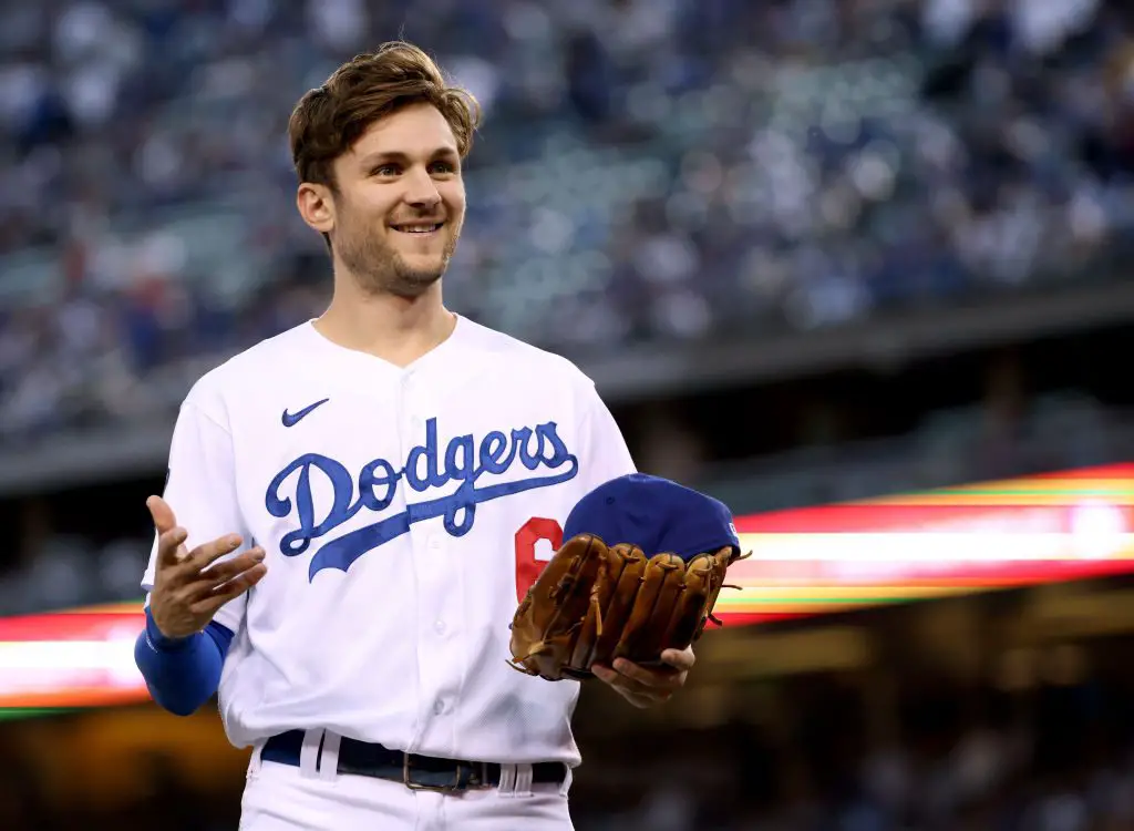 Dodgers Trea Turner Showcases His 2021 Batting Title Trophy in an