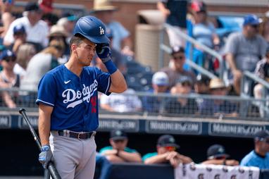 Dodgers C Austin Barnes takes foul ball to the manly region