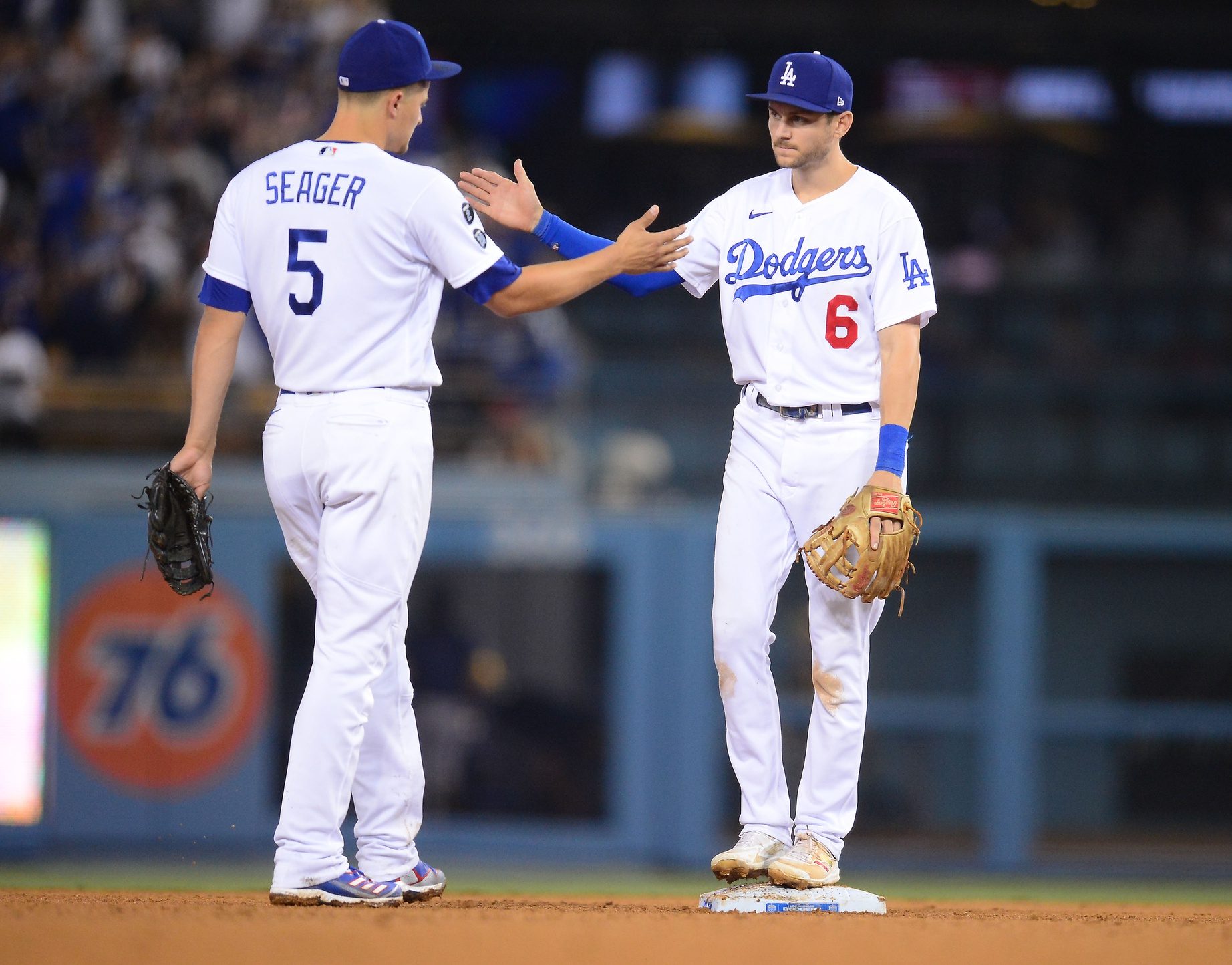 Los Angeles Dodgers second baseman Trea Turner looks on during the