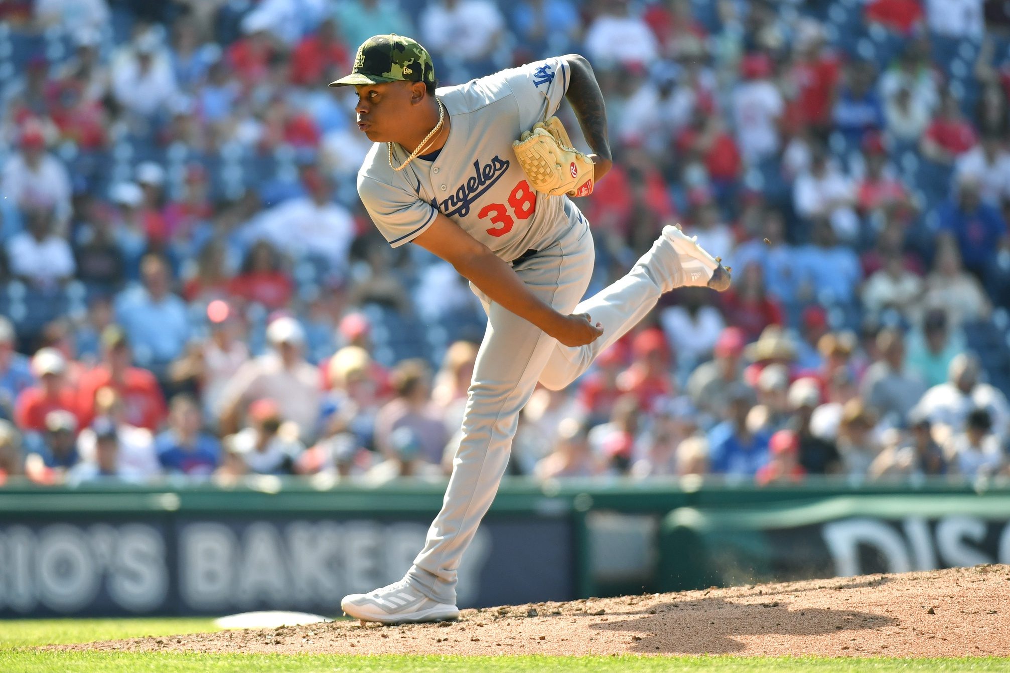 Los Angeles Dodgers relief pitcher Yency Almonte delivers during the  seventh inning of the team's baseball game against the Toronto Blue Jays,  Tuesday, July 25, 2023, in Los Angeles. (AP Photo/Ryan Sun