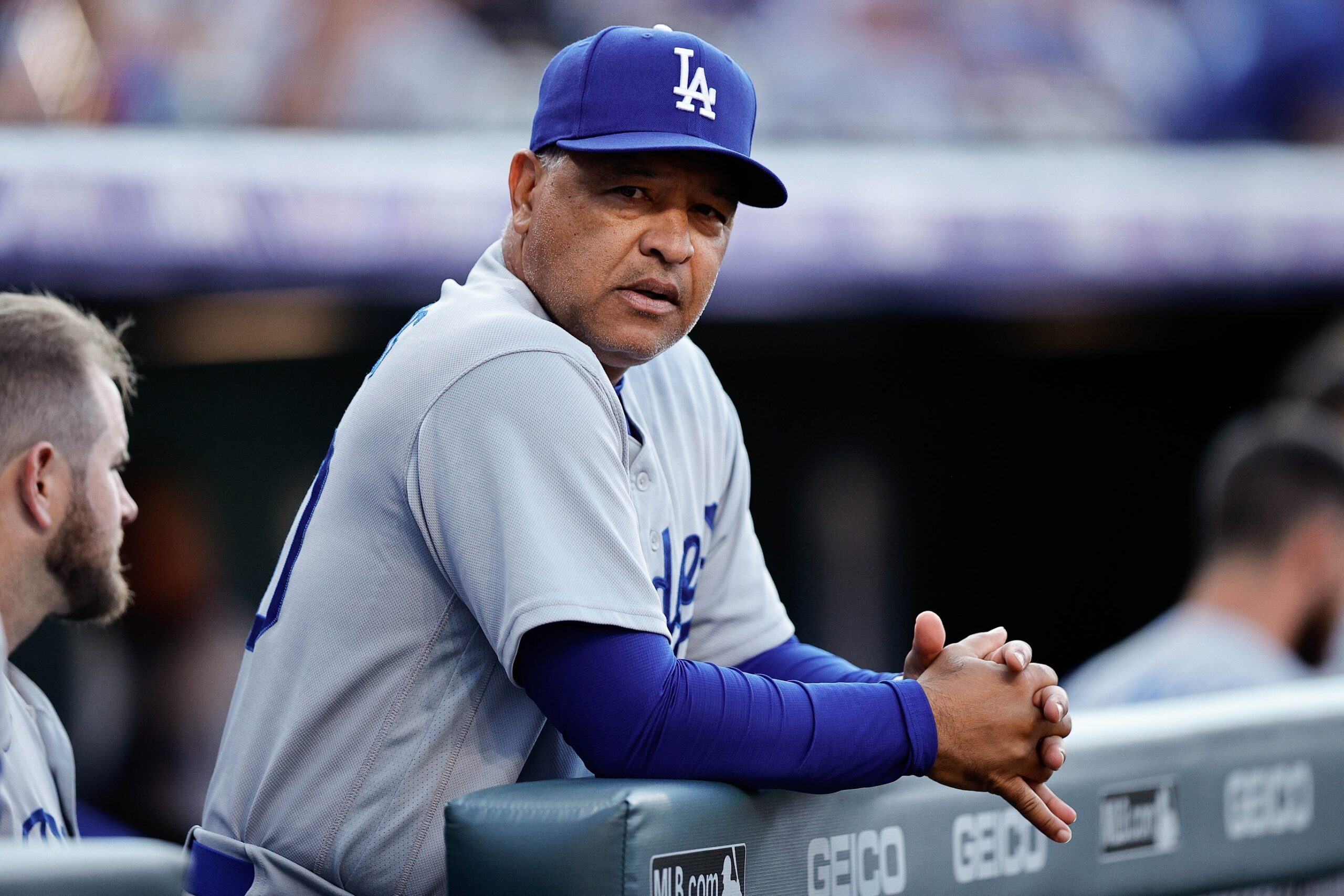 Los Angeles Dodgers manager Dave Roberts reacts as Kansas City