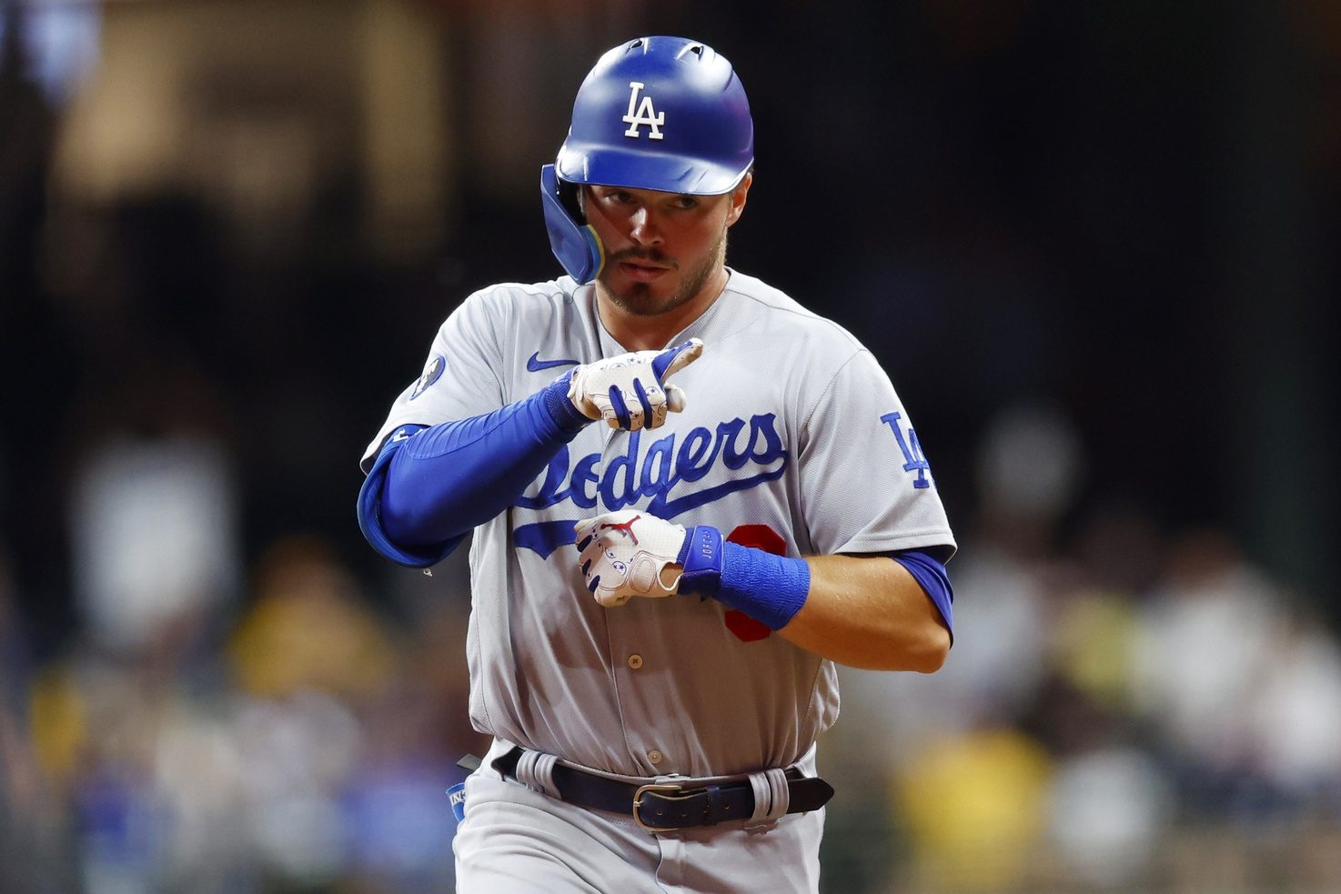 MILWAUKEE, WI - AUGUST 15: Los Angeles Dodgers second baseman Gavin Lux (9)  runs the bases during a game between the Milwaukee Brewers and the Los  Angeles Dodgers at American Family Field