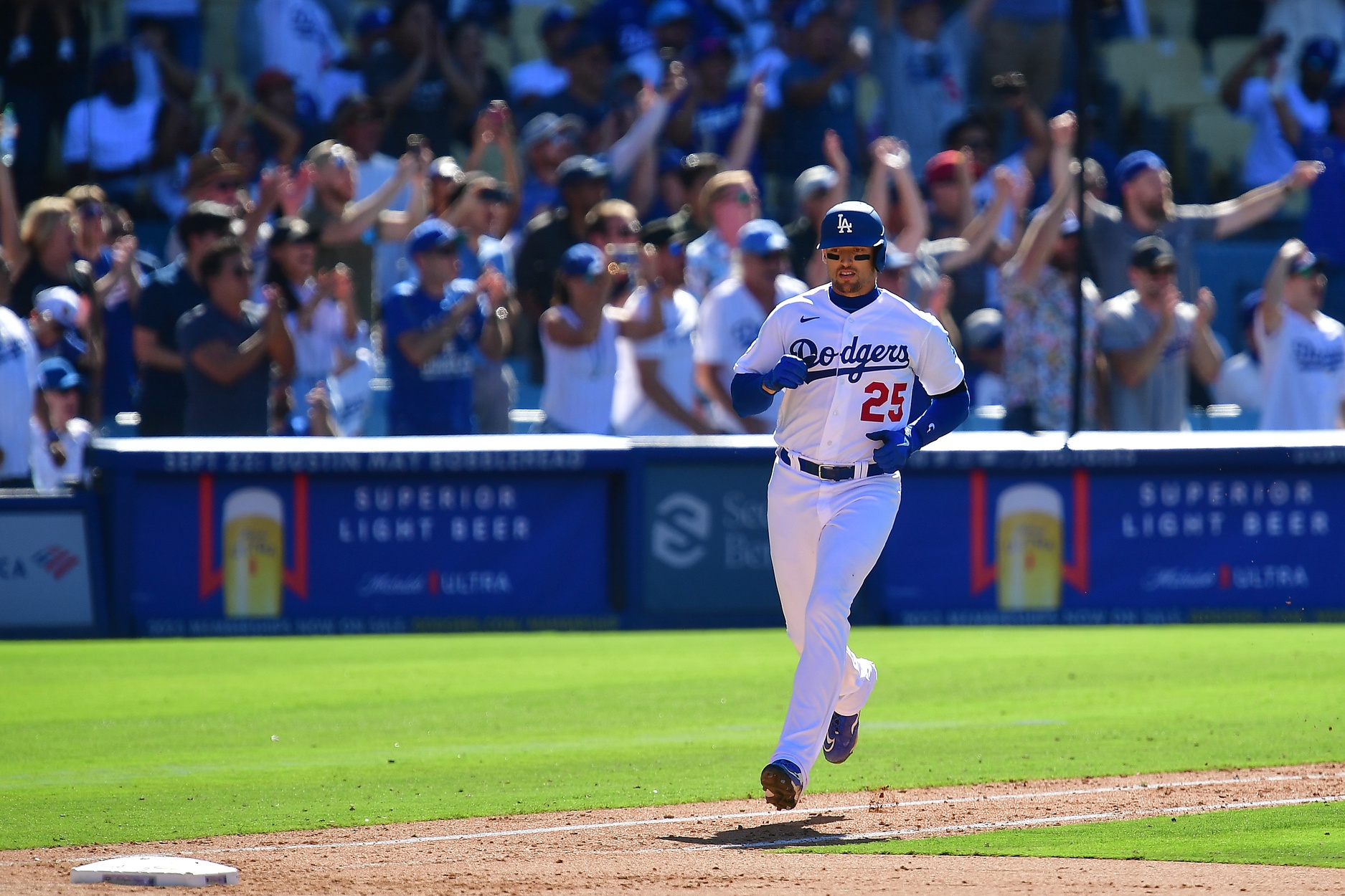 Los Angeles Dodgers center fielder Trayce Thompson looks on during