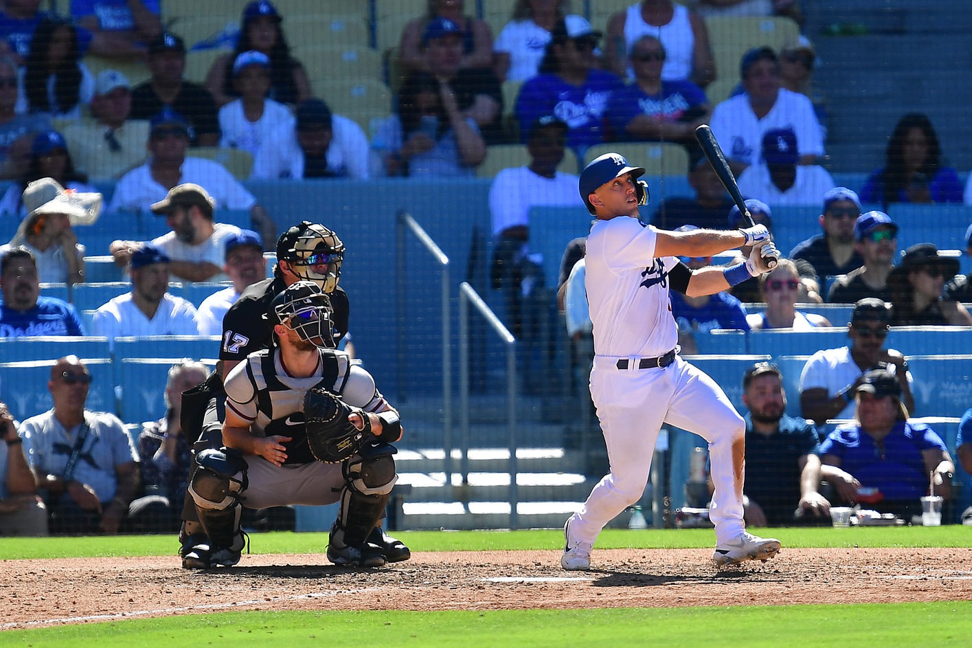 Los Angeles Dodgers' Dustin May takes liner off head during game