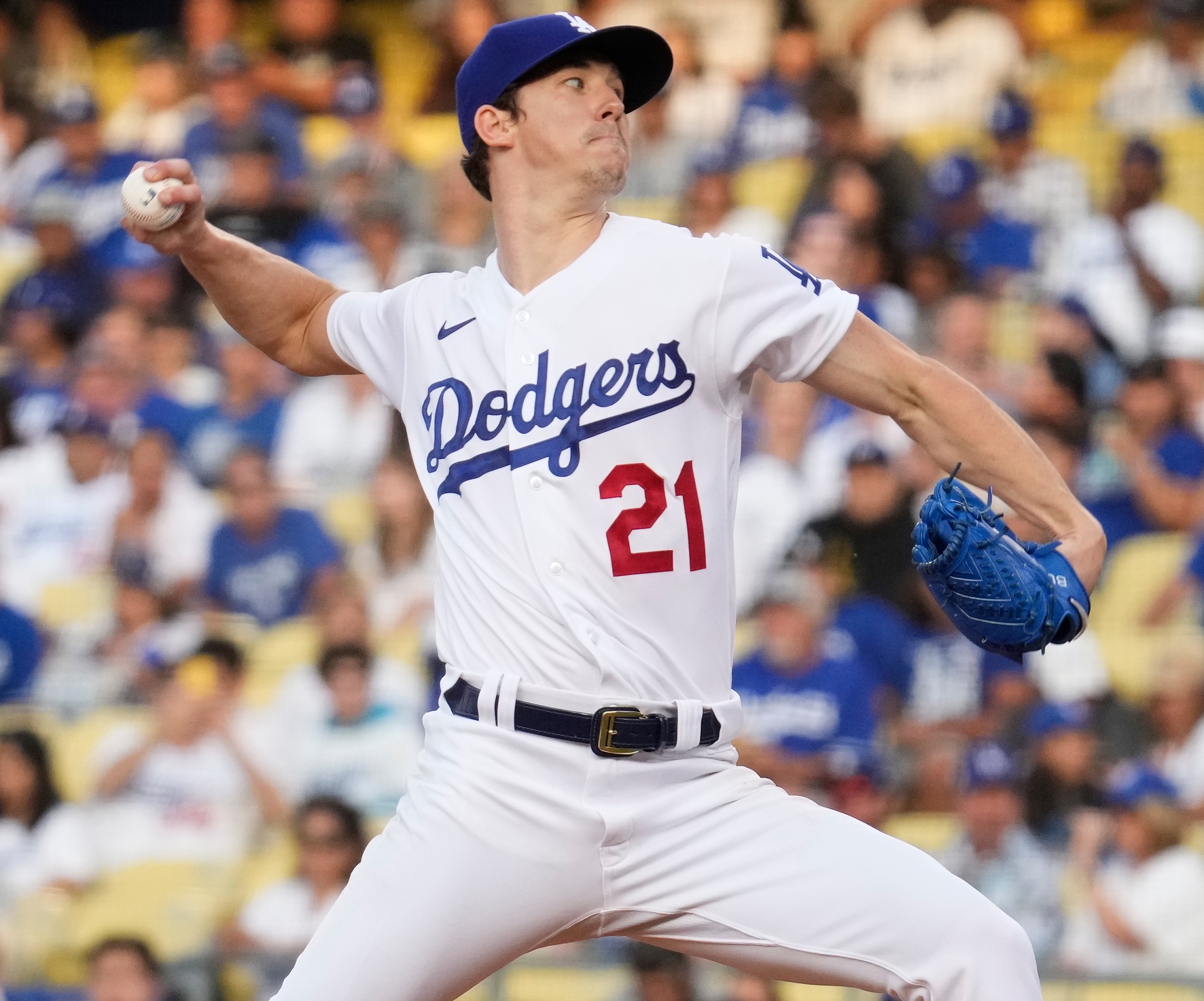 Jun 29, 2021; Los Angeles, California, USA; Los Angeles Dodgers starting pitcher Walker Buehler (21) throws a pitch in the first inning against the San Francisco Giants at Dodger Stadium. Mandatory Credit: Robert Hanashiro-USA TODAY Sports
