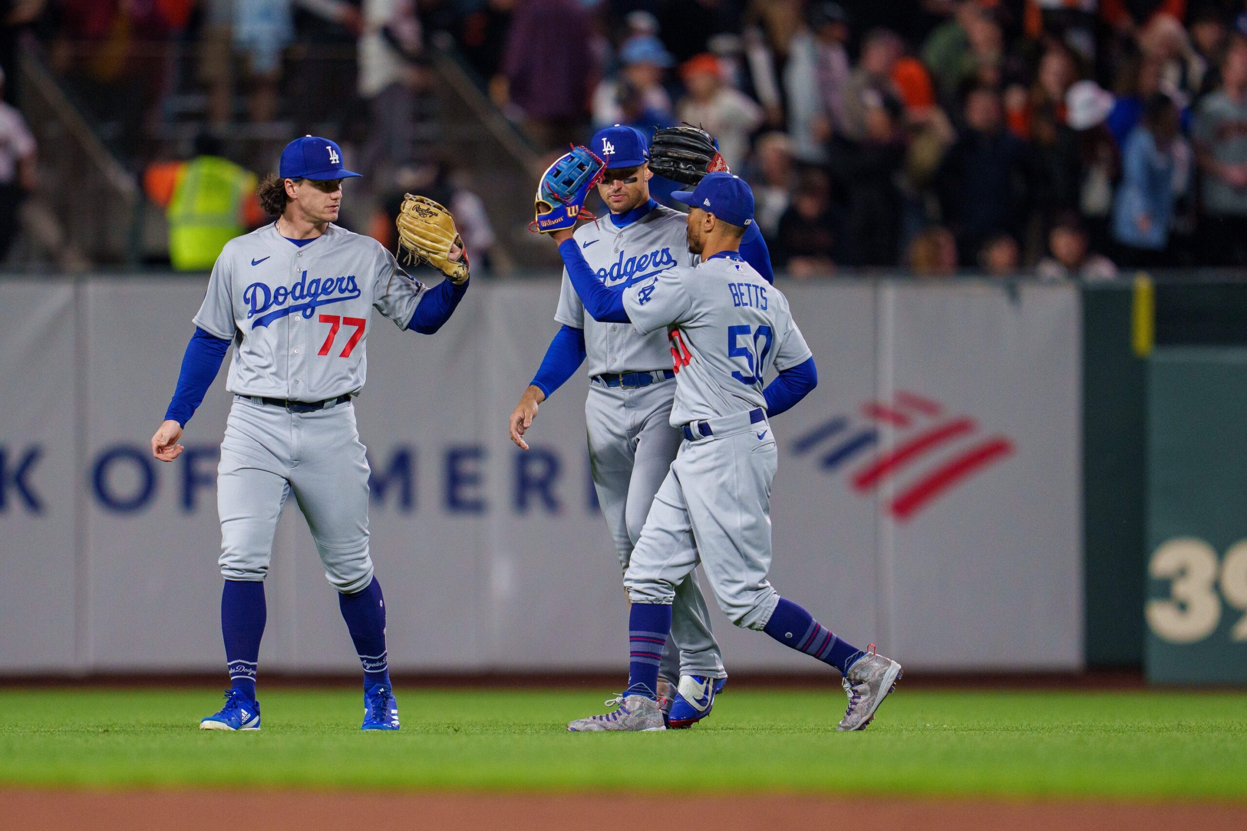 Los Angeles Dodgers center fielder Trayce Thompson looks on during