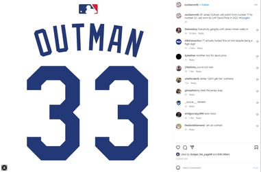 MLB Jersey Numbers] OF James Outman (@james_outman) will switch from number  77 to number 33. Last worn by LHP David Price in 2022. #Dodgers : r/Dodgers