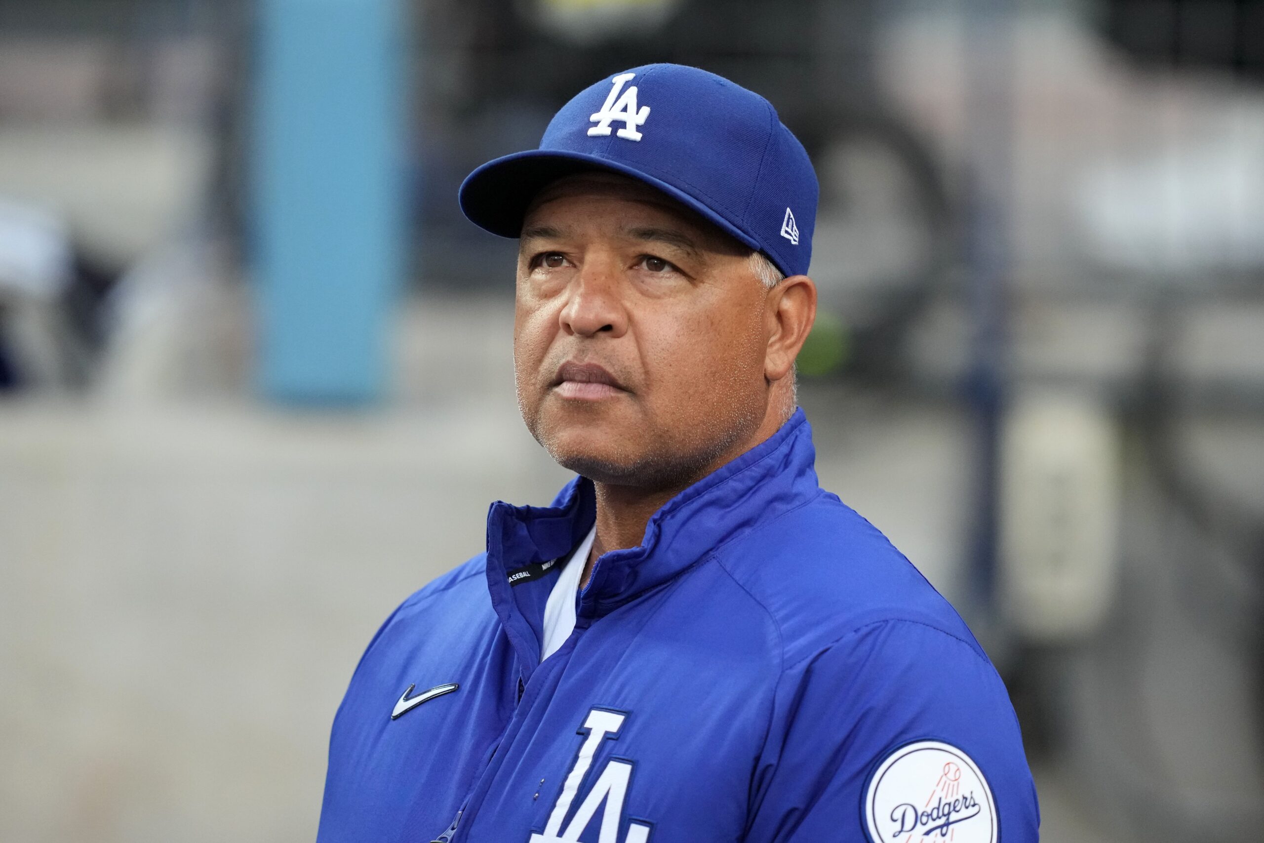 Los Angeles Dodgers manager Dave Roberts reacts as Kansas City