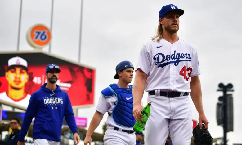 May 31, 2023; Los Angeles, California, USA; Los Angeles Dodgers starting pitcher Noah Syndergaard (43) before playing against the Washington Nationals at Dodger Stadium.