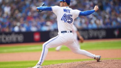 Jul 16, 2023; Toronto, Ontario, CAN; Toronto Blue Jays relief pitcher Mitch White (45) throws a pitch against the Arizona Diamondbacks during the ninth inning at Rogers Centre.