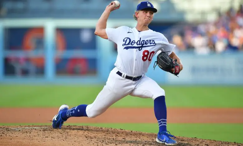 Jul 29, 2023; Los Angeles, California, USA; Los Angeles Dodgers starting pitcher Emmet Sheehan (80) throws against the Cincinnati Reds fourth inning at Dodger Stadium.