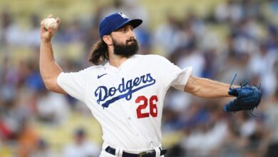 Aug 18, 2023; Los Angeles, California, USA; Los Angeles Dodgers starting pitcher Tony Gonsolin (26) throws a pitch against the Miami Marlins during the first inning at Dodger Stadium.