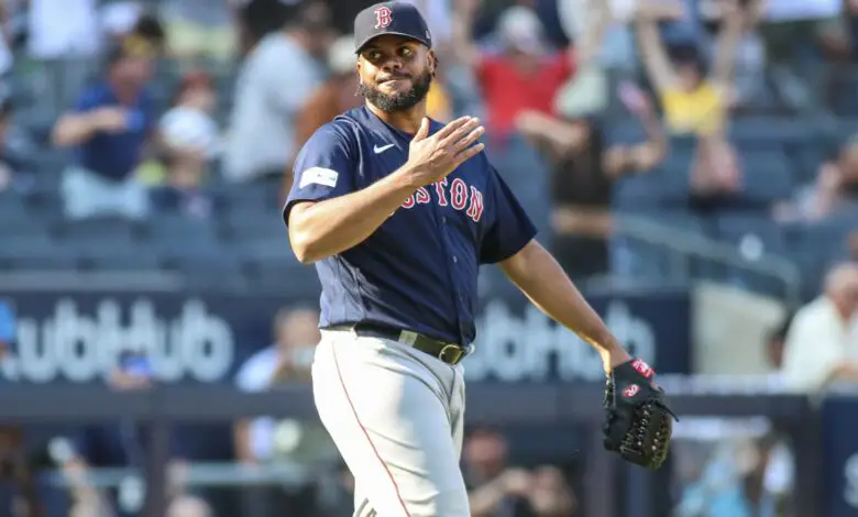 Aug 20, 2023; Bronx, New York, USA; Boston Red Sox relief pitcher Kenley Jansen (74) celebrates after defeating the New York Yankees 6-5 at Yankee Stadium.