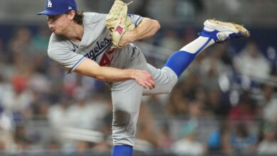 Sep 7, 2023; Miami, Florida, USA; Los Angeles Dodgers starting pitcher Ryan Pepiot (47) pitches against the Miami Marlins in the seventh inning at loanDepot Park.
