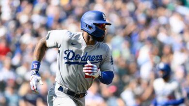 Sep 17, 2023; Seattle, Washington, USA; Los Angeles Dodgers right fielder Jason Heyward (23) runs towards first base after hitting an RBI single against the Seattle Mariners during the fourth inning at T-Mobile Park.