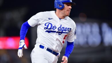 Sep 19, 2023; Los Angeles, California, USA; Los Angeles Dodgers first baseman Freddie Freeman (5) advances to third against the Detroit Tigers during the first inning at Dodger Stadium.