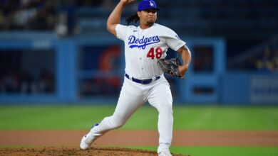 Sep 19, 2023; Los Angeles, California, USA; Los Angeles Dodgers relief pitcher Brusdar Graterol (48) throws against the Detroit Tigers during the eighth inning at Dodger Stadium.
