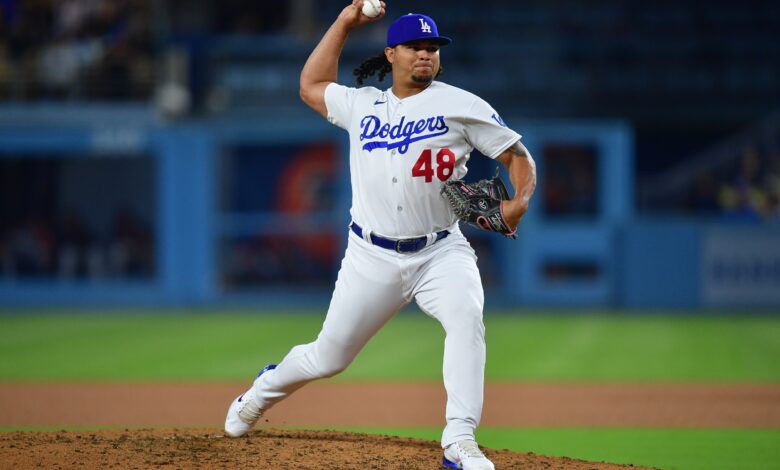 Sep 19, 2023; Los Angeles, California, USA; Los Angeles Dodgers relief pitcher Brusdar Graterol (48) throws against the Detroit Tigers during the eighth inning at Dodger Stadium.