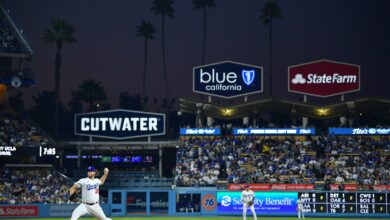 Sep 23, 2023; Los Angeles, California, USA; Los Angeles Dodgers starting pitcher Clayton Kershaw (22) throws against the San Francisco Giants during the fourth inning at Dodger Stadium.