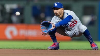 Sep 29, 2023; San Francisco, California, USA; Los Angeles Dodgers second baseman Mookie Betts (50) catches a shallow fly ball for an out against the San Francisco Giants during the eighth inning at Oracle Park.