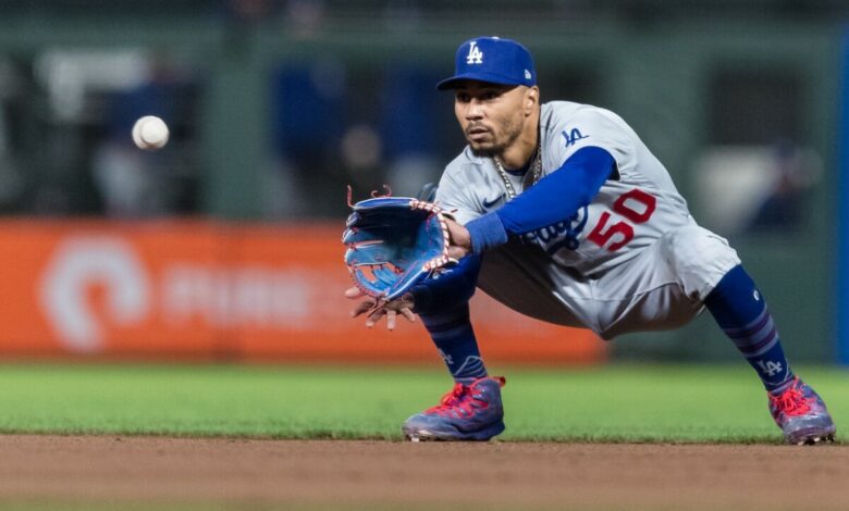 Sep 29, 2023; San Francisco, California, USA; Los Angeles Dodgers second baseman Mookie Betts (50) catches a shallow fly ball for an out against the San Francisco Giants during the eighth inning at Oracle Park.