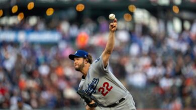 Sep 30, 2023; San Francisco, California, USA; Los Angeles Dodgers starting pitcher Clayton Kershaw (22) deliver a pitch against the San Francisco Giants during the first inning at Oracle Park.