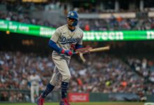 Sep 30, 2023; San Francisco, California, USA; Los Angeles Dodgers right fielder Mookie Betts (50) takes a walk during the third inning against the San Francisco Giants at Oracle Park.