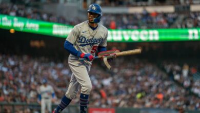 Sep 30, 2023; San Francisco, California, USA; Los Angeles Dodgers right fielder Mookie Betts (50) takes a walk during the third inning against the San Francisco Giants at Oracle Park.