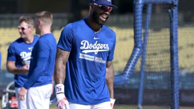 Oct 6, 2023; Los Angeles, CA, USA; Los Angeles Dodgers right fielder Jason Heyward (23) on the field during NLDS workouts at Dodgers Stadium.