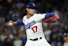 Oct 9, 2023; Los Angeles, California, USA; Los Angeles Dodgers relief pitcher Joe Kelly (17) throws a pitch against the Arizona Diamondbacks in the seventh inning for game two of the NLDS for the 2023 MLB playoffs at Dodger Stadium.