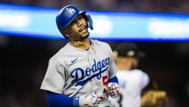 Oct 11, 2023; Phoenix, Arizona, USA; Los Angeles Dodgers outfielder Mookie Betts reacts against the Arizona Diamondbacks during game three of the NLDS for the 2023 MLB playoffs at Chase Field.