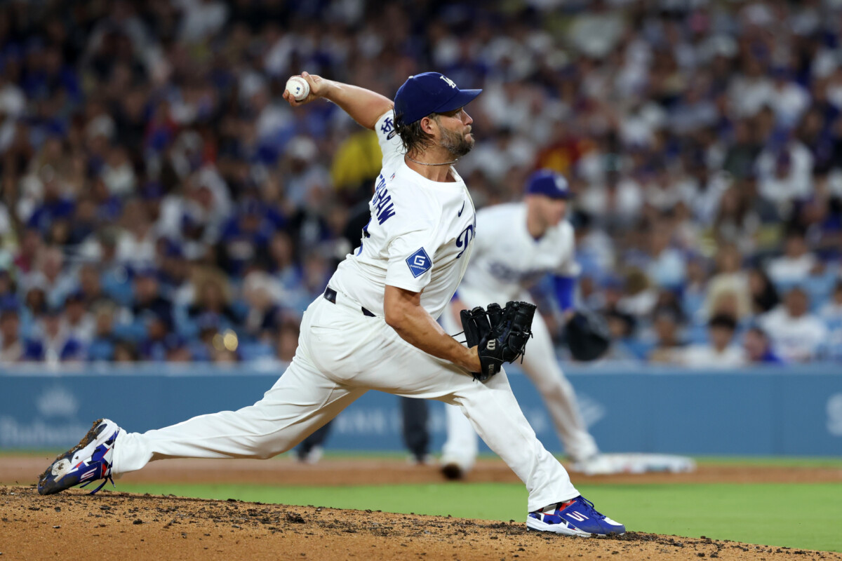 Former Los Angeles Dodgers starting pitcher Clayton Kershaw pitching in his last regular season start at Dodger Stadium against the San Francisco Giants.