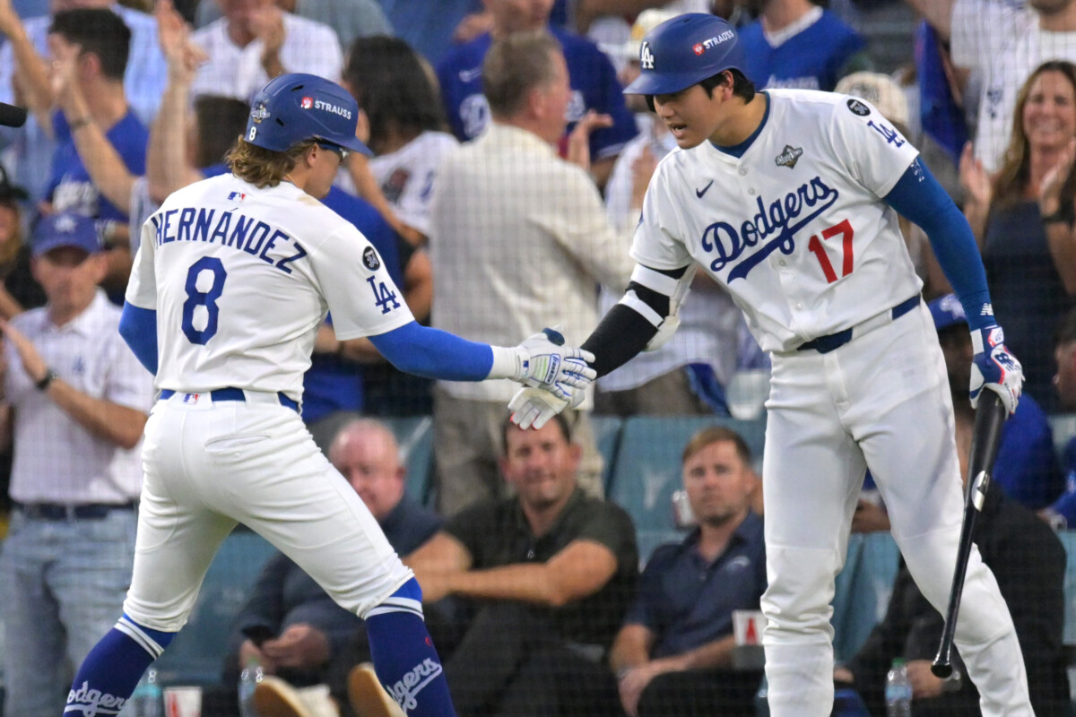 Los Angeles Dodgers Shohei Ohtani and Kike Hernandez in the 2025 World Series.