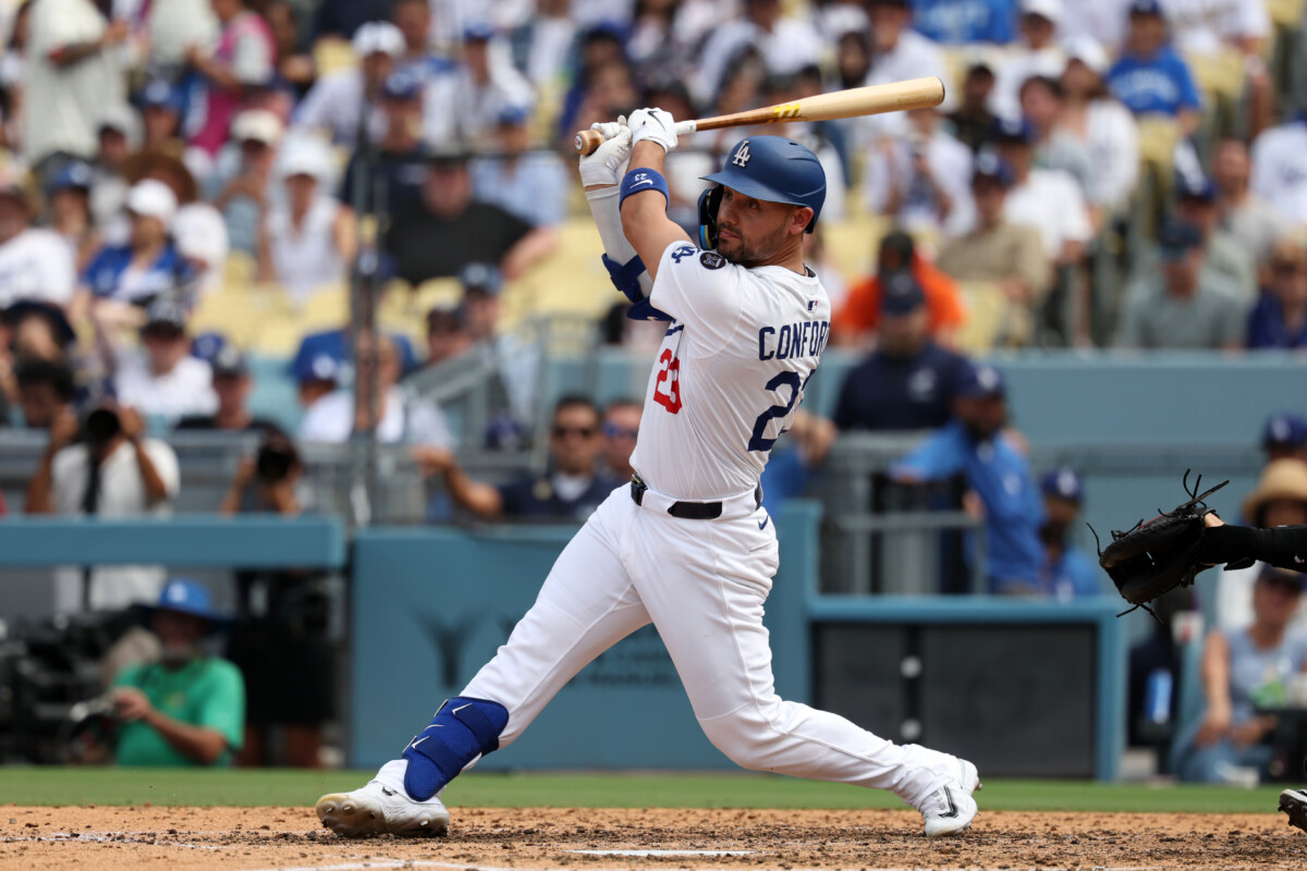 Former Los Angeles Dodgers outfielder Michael Conforto playing against his former team, the San Francisco Giants, in 2025.
