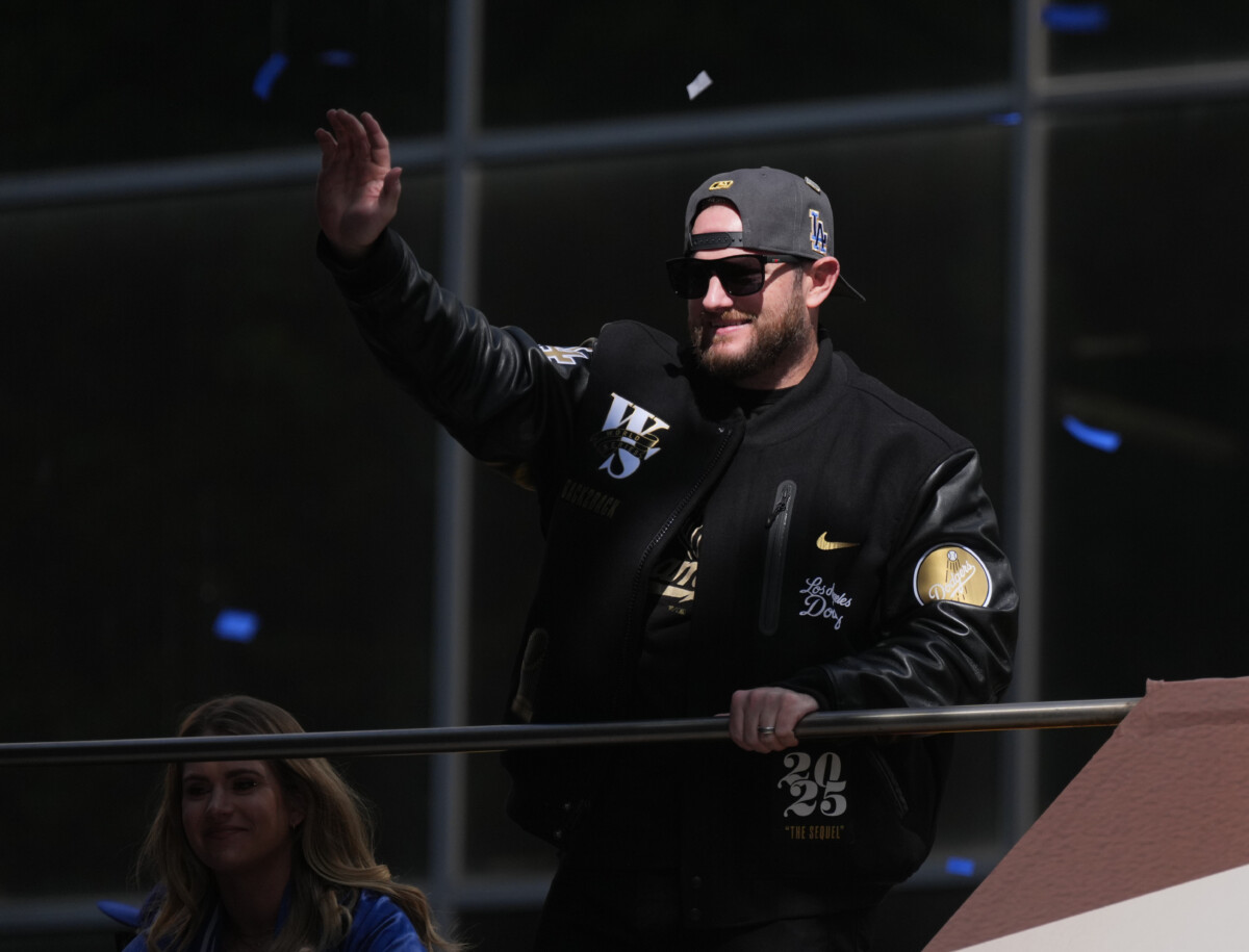 Los Angeles Dodgers third baseman Max Muncy celebrating the Dodgers' 2025 World Series win.
