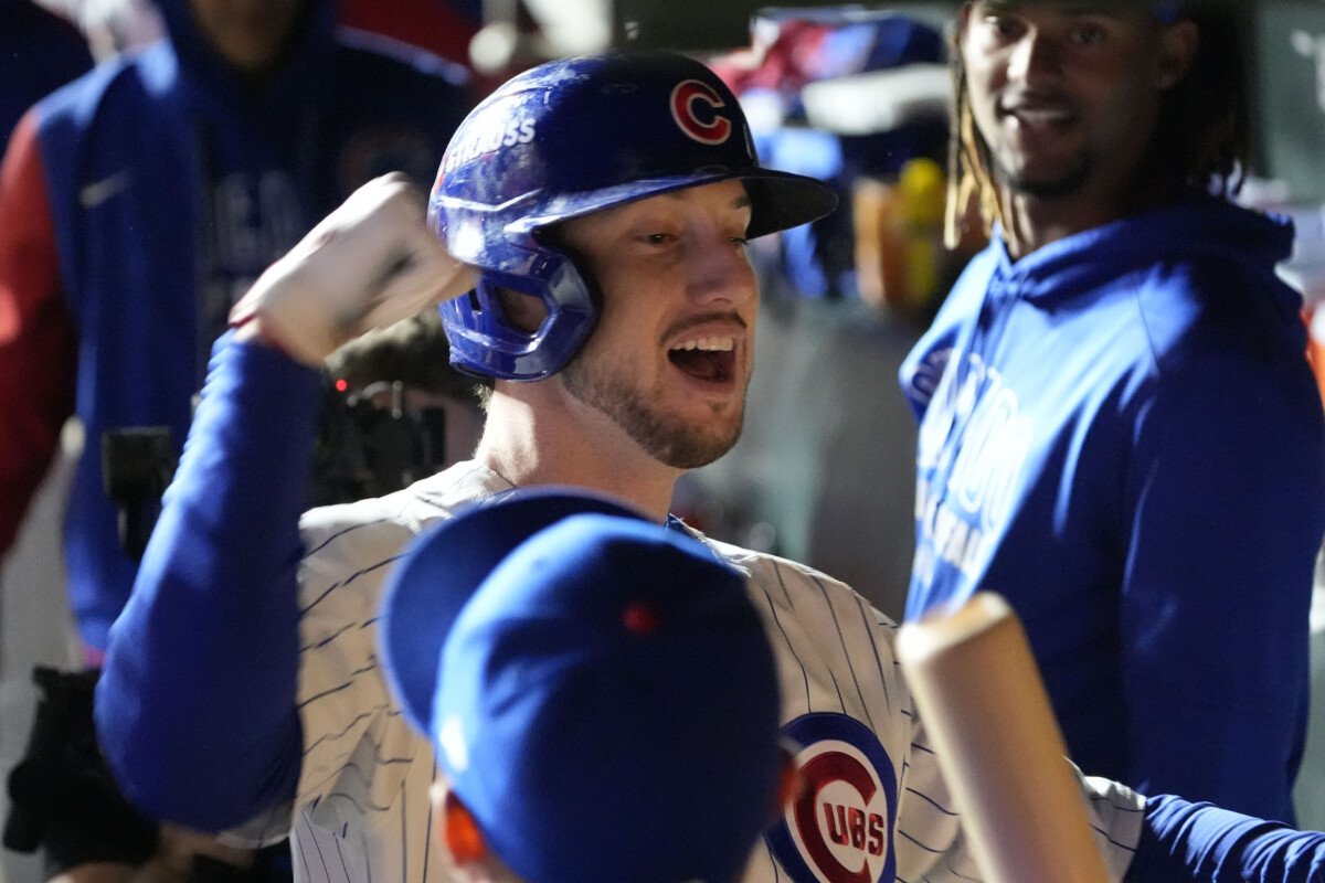 Newly announced Los Angeles Dodgers free agency signing Kyle Tucker celebrating with the Chicago Cubs while he was with the team in 2025.