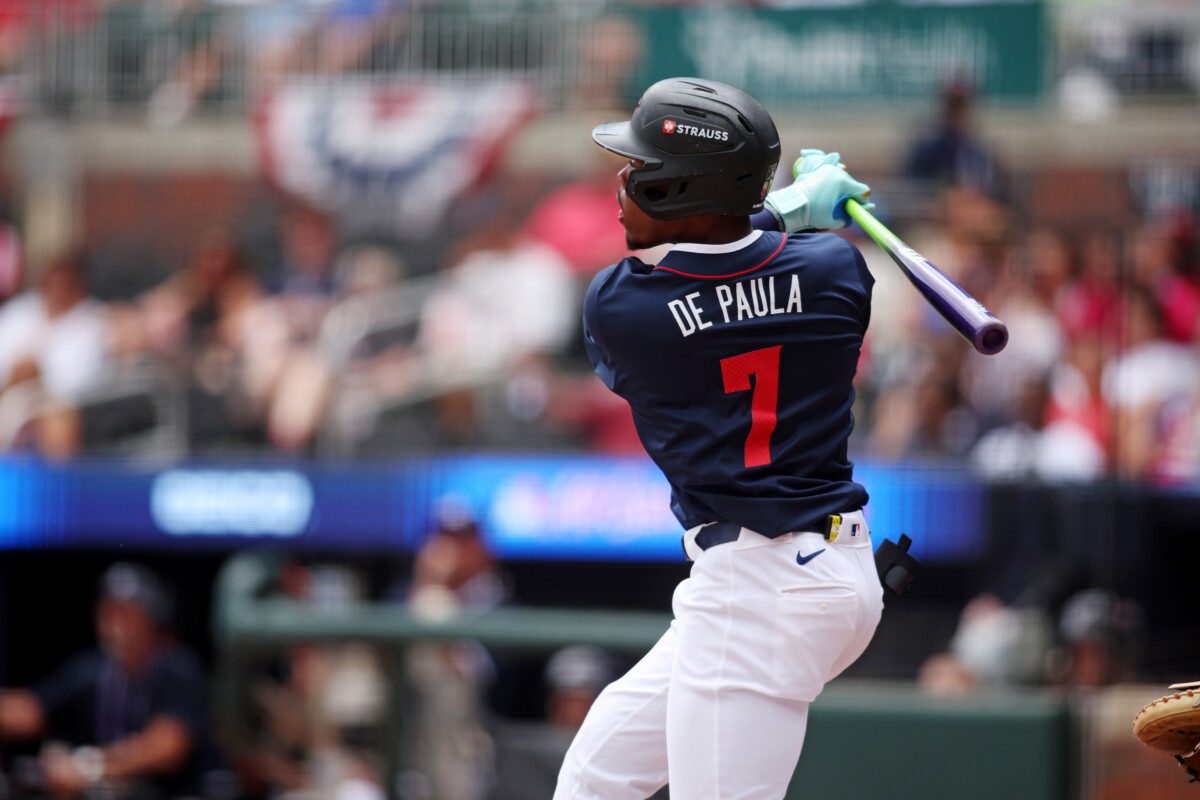 Jul 12, 2025; Atlanta, GA, USA; National League outfielder Josue De Paula (46) of the Los Angeles Dodgers scores a run during the sixth inning against American League at Truist Park. Mandatory Credit: Brett Davis-Imagn Images