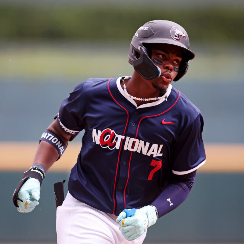 Outfielder Josue De Paula of the Los Angeles Dodgers scores a run during the sixth inning against American League at Truist Park on July 12, 2025 in Atlanta, Georgia. Potential (Brett Davis-Imagn Images)