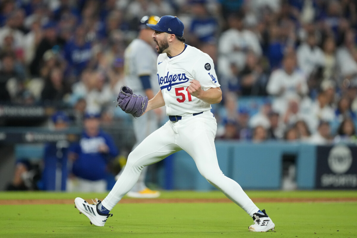 Los Angeles Dodgers pitcher Alex Vesia (51) reacts in the seventh inning against the Milwaukee Brewers during game four of the NLCS round for the 2025 MLB playoffs at Dodger Stadium.