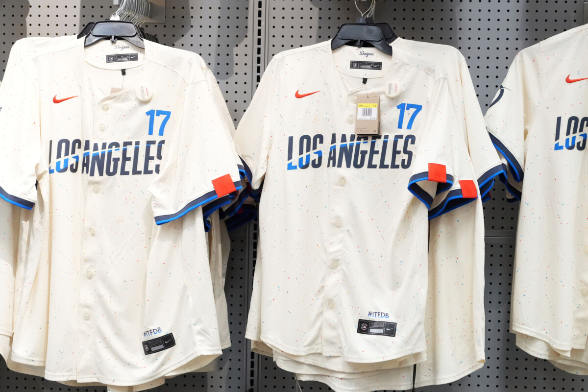 Los Angeles Dodgers Nike City Connect jerseys of Los Angeles Dodgers designated hitter Shohei Ohtani (17) at Dick's Sporting Goods.