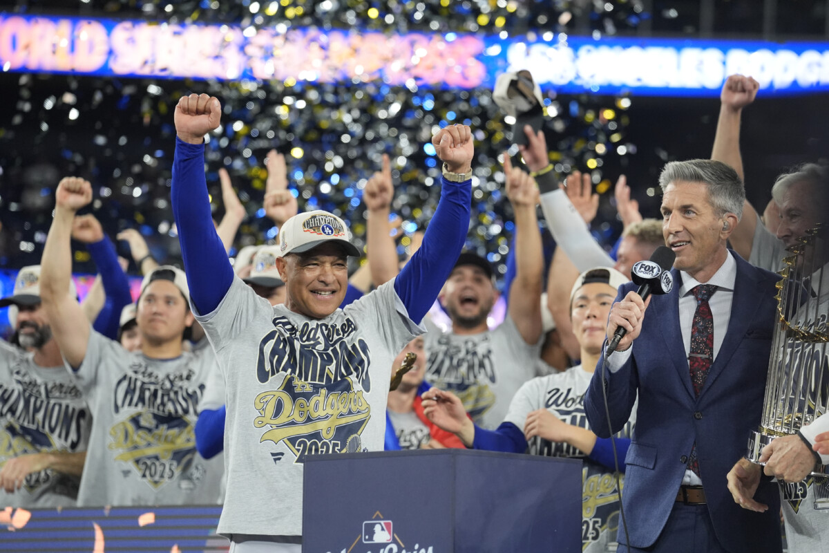 Los Angeles Dodgers manager Dave Roberts celebrating the dodgers' World Series win in 2025.