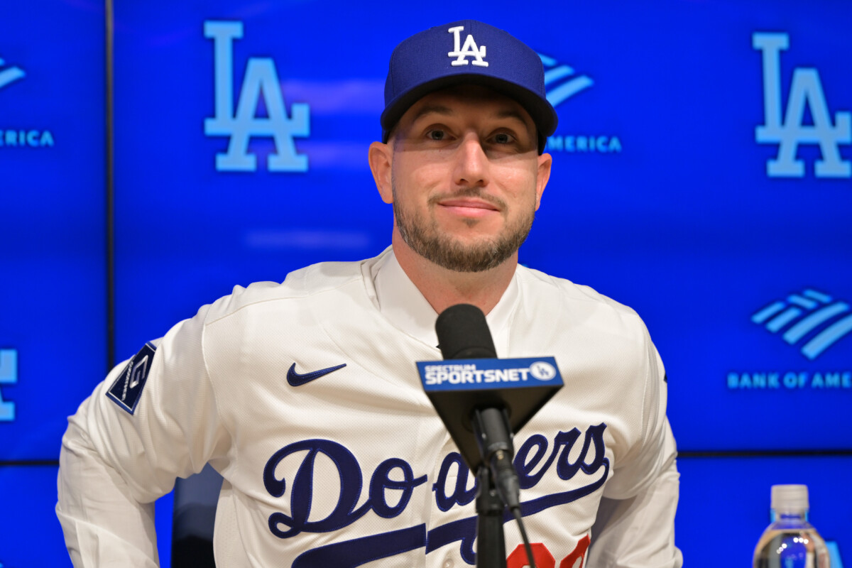 Los Angeles Dodgers right fielder Kyle Tucker (23) is introduced to the media during a press conference at Dodger Stadium.