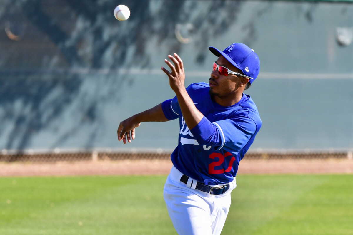Los Angeles Dodgers outfielder Terrance Gore catches a ball during a workout at Camelback Ranch.