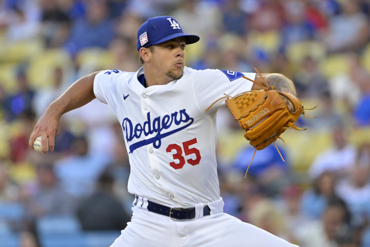 Los Angeles Dodgers pitcher Gavin Stone (35) delivers to the plate in the first inning against the Boston Red Sox at Dodger Stadium.