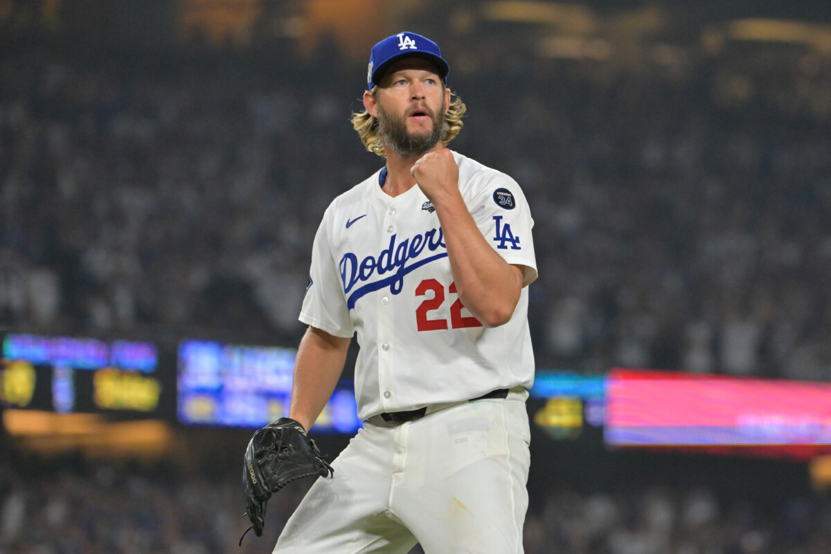 Los Angeles Dodgers pitcher Clayton Kershaw (22) reacts in the twelfth inning against the Toronto Blue Jays during game three of the 2025 MLB World Series at Dodger Stadium.